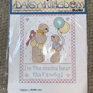 New Daisy Kingdom Bucilla Vintage 1991 Sampler Stamped Cross Stitch Mama Bear